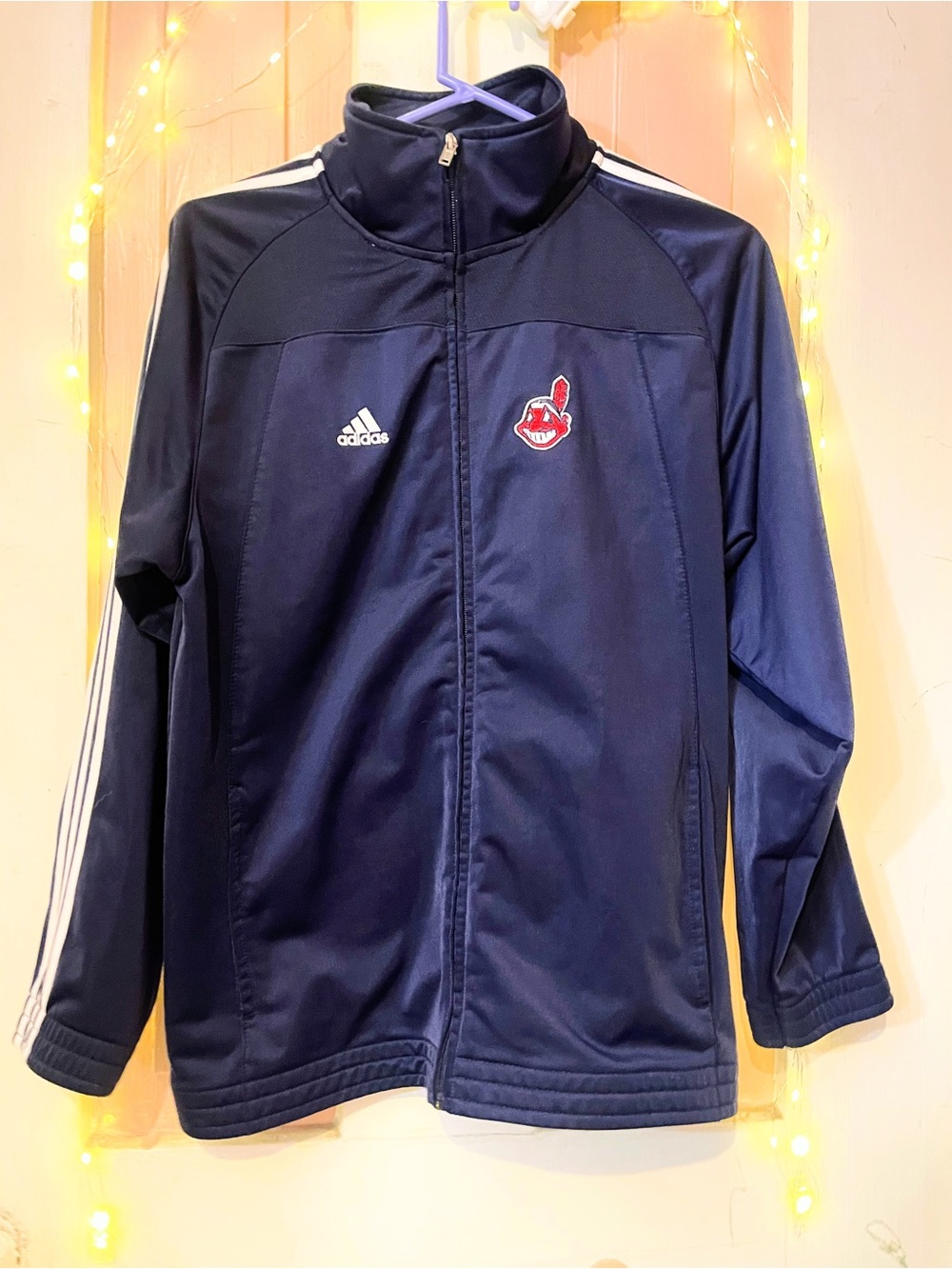 adidas Navy and White Full-Zip Track Jacket with Team Patch Indians size large